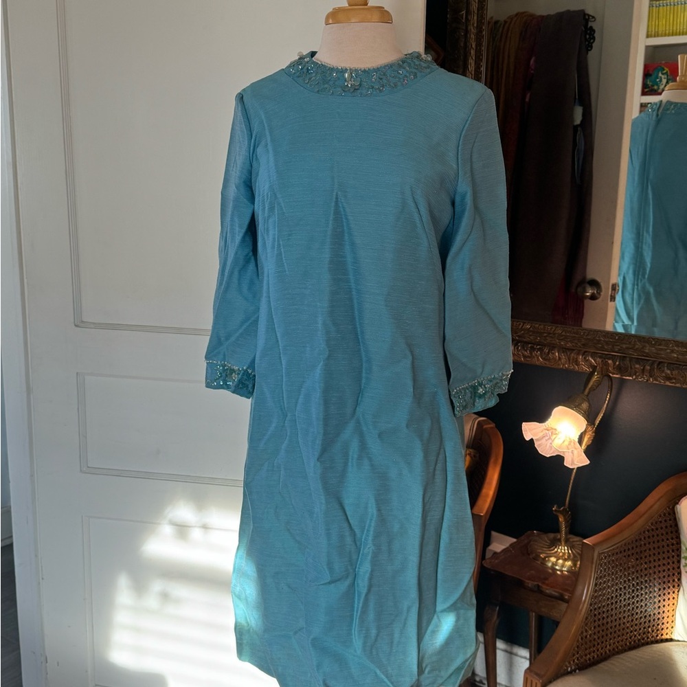 Vintage Teal 1960s Shift Dress with Sequins